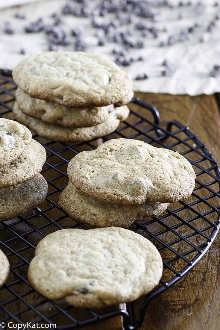 stacks of freshly baked mrs fields chocolate chip cookies