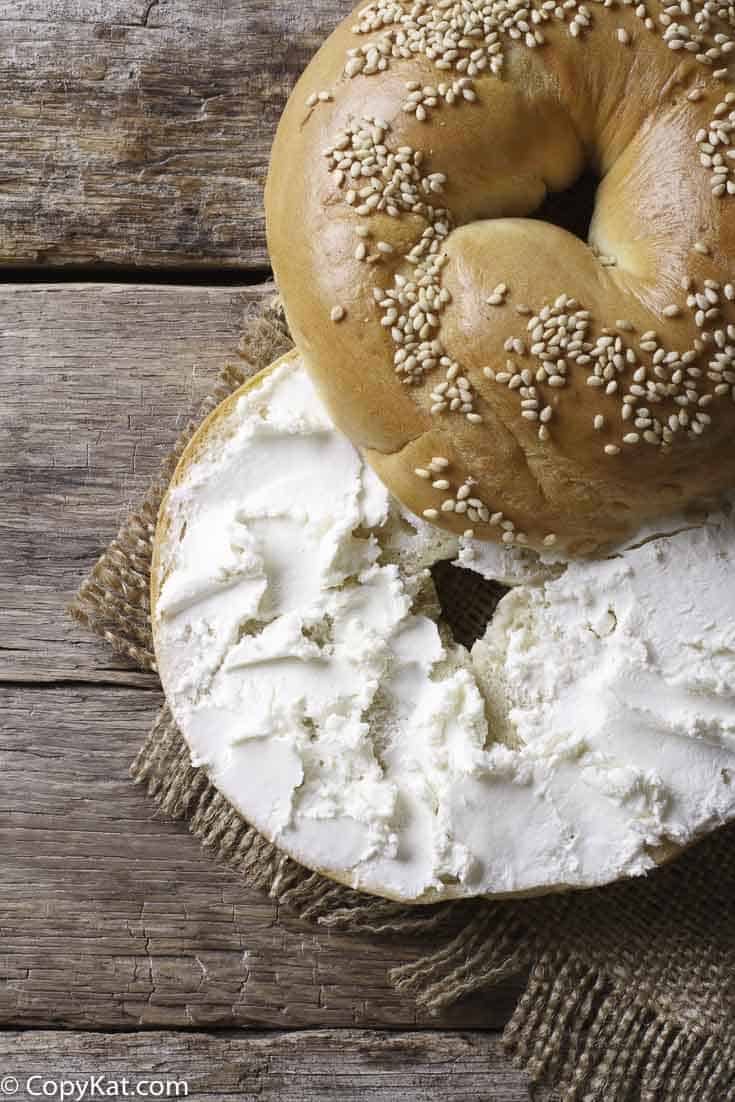Zabar's cream cheese spread on a bagel.