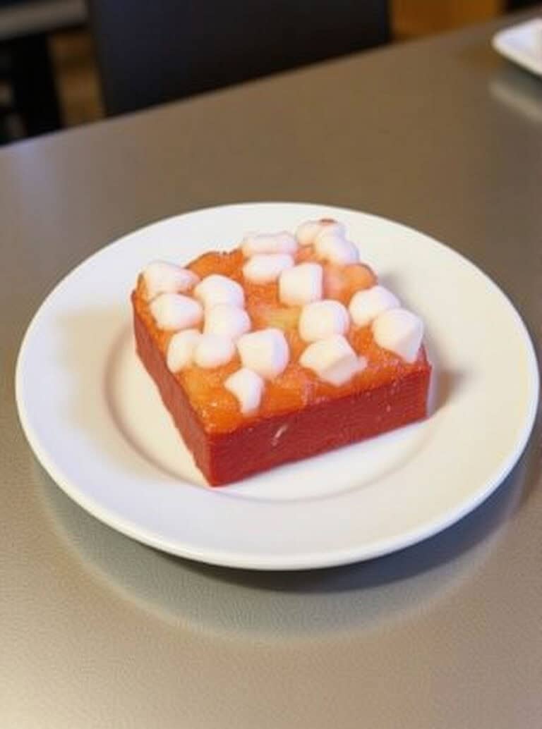 A layered jello salad with fruit cocktail and marshmallows.