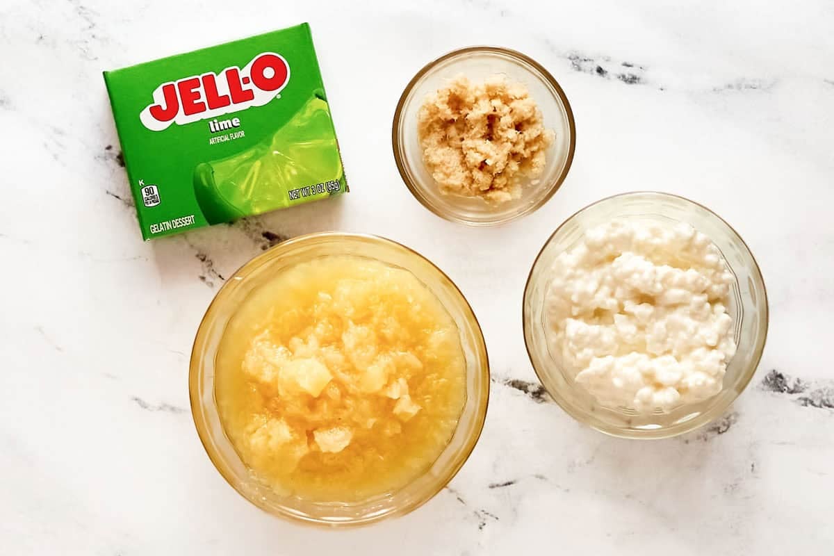 Lime Jell-O, cottage cheese, crushed pineapple, and horseradish.