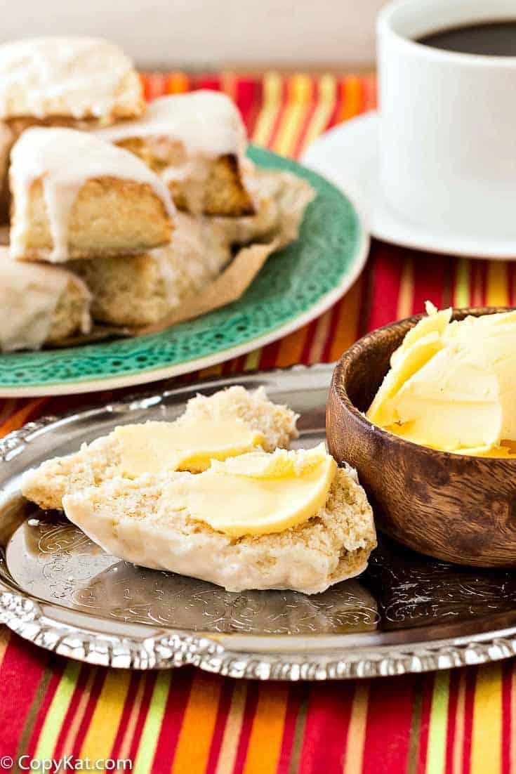 homemade Starbucks petite vanilla scones with vanilla icing and butter