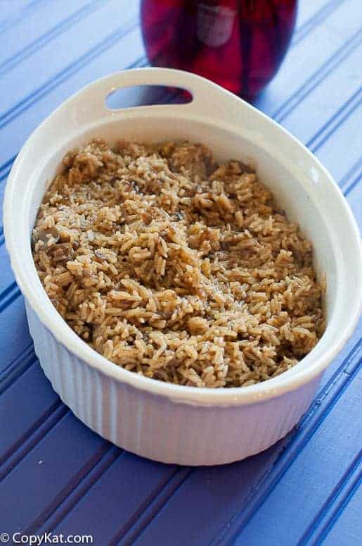 Stick of Butter Rice in a white casserole dish