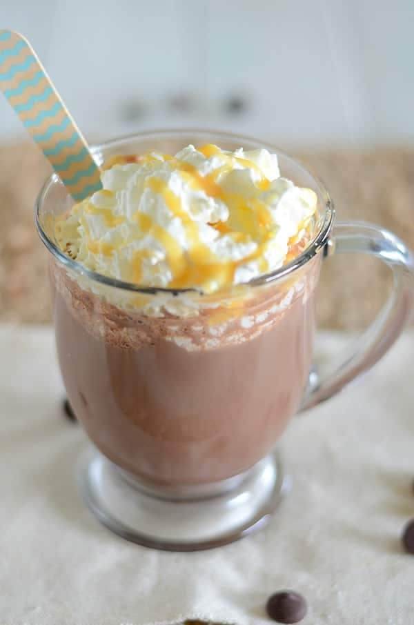 Homemade Dunkin Donuts Salted Caramel Hot Chocolate in a mug