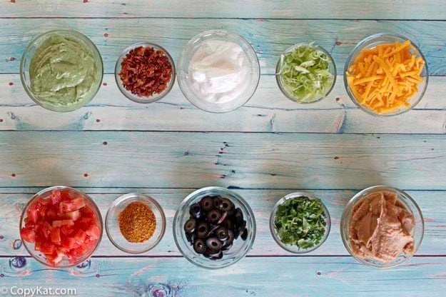 Ingredients for the TGI Friday's 9 Layer Dip copycat recipe.