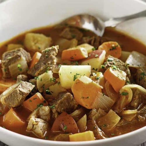 Instant Pot Beef Stew in a white bowl