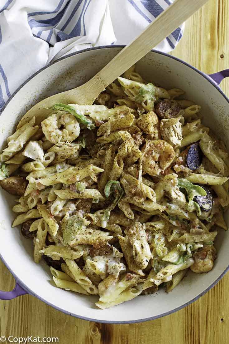 Homemade Cheddar's New Orleans Pasta in a pan.