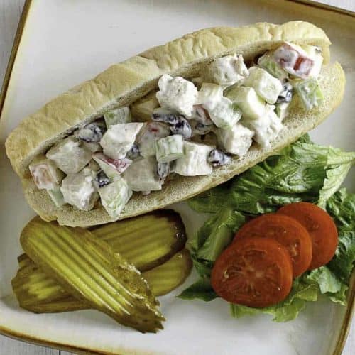 orchard chicken salad sub sandwich on a plate