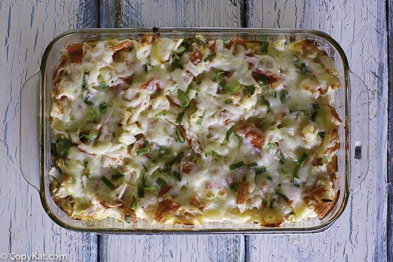 Homemade Chinese buffet seafood bake delight crab casserole in a baking dish.