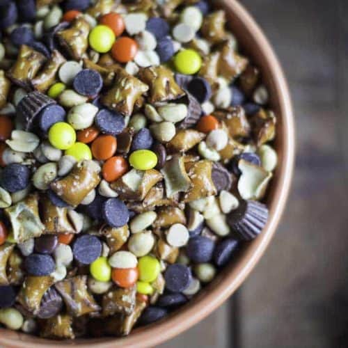 A bowl of peanut butter lovers Reeses snack mix