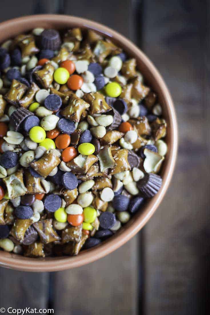 A bowl of peanut butter lovers Reeses snack mix