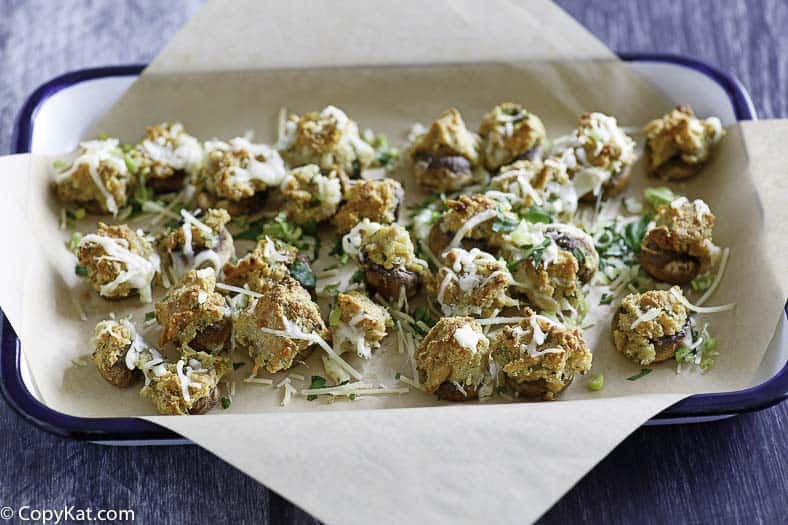 Stuffed mushrooms in a baking dish.