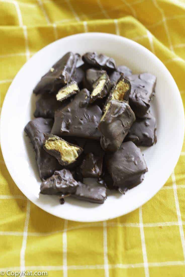 chocolate dipped fools gold candy on a white plate