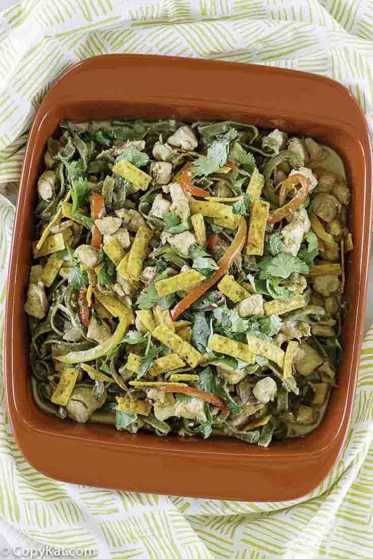 homemade California Pizza Kitchen Tequila Lime Chicken Fettuccine in a red dish