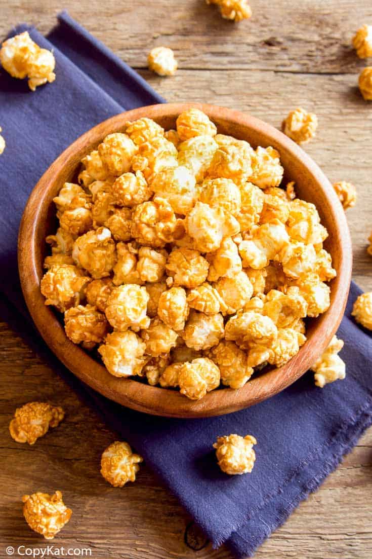 a bowl of homemade crunch and munch caramel popcorn