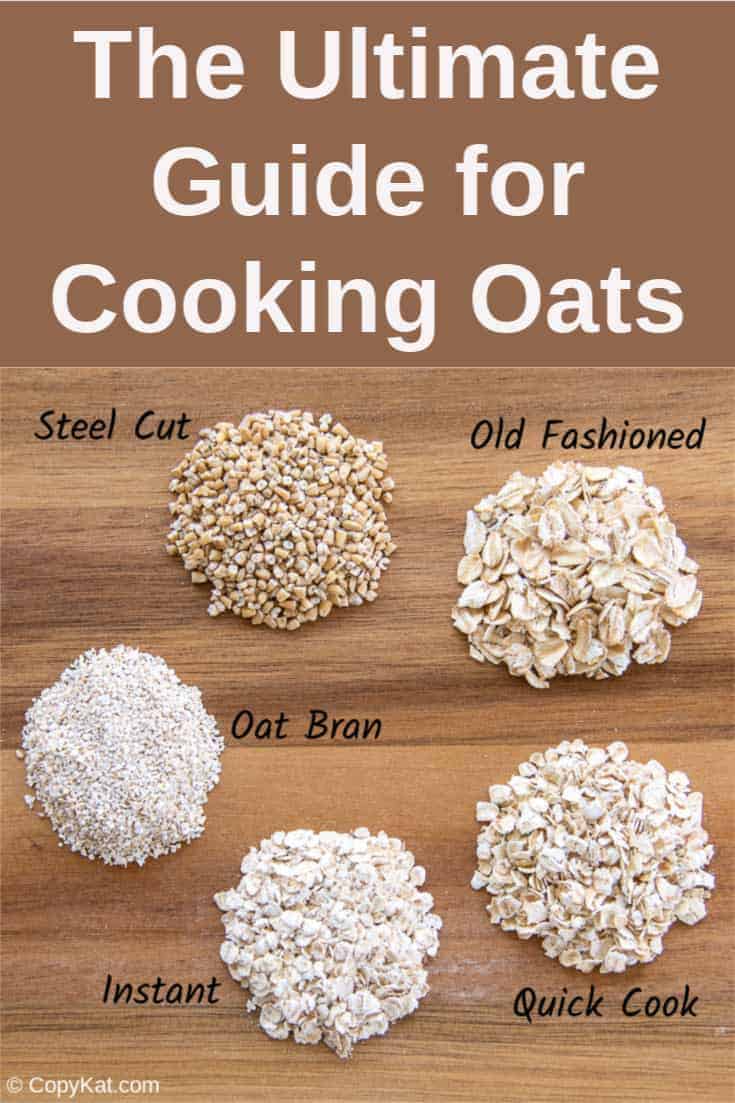 five different types of oatmeal: instant, quick cooking, rolled oats, oat bran