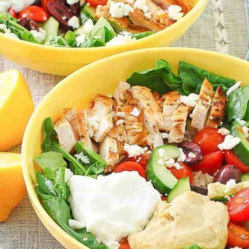 two Mediterranean grain bowls with chicken