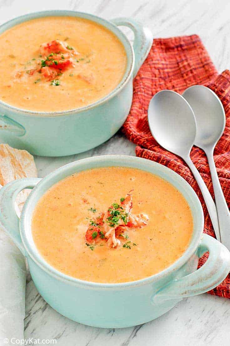 two servings of homemade Pappadeaux crawfish bisque