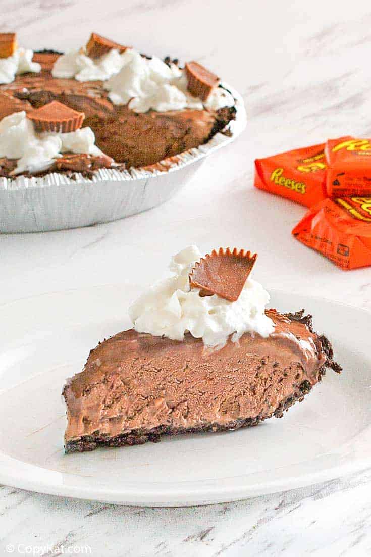 a slice of chocolate peanut butter ice cream pie