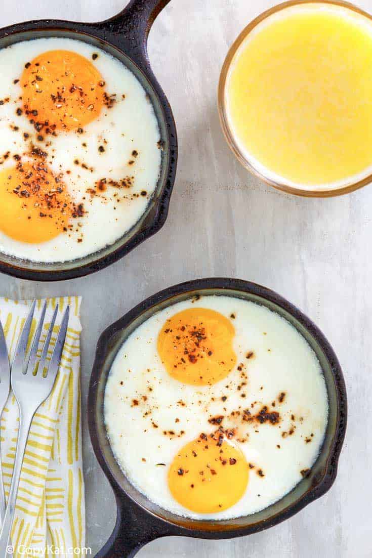 oven fried eggs in cast iron skillets