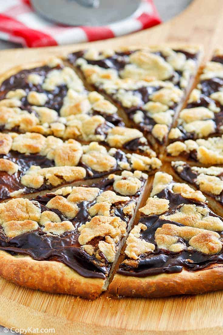 homemade Ci Ci's chocolate dessert pizza on a pizza peel