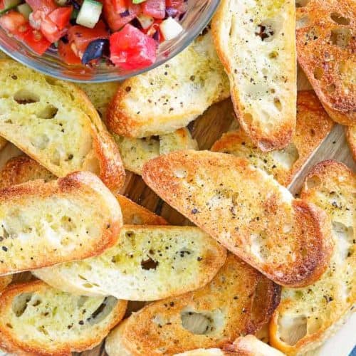 homemade crostini on a platter