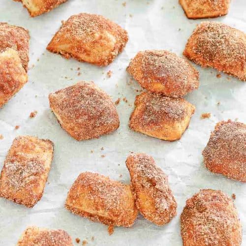 homemade cinnamon sugar pretzel bites on parchment paper