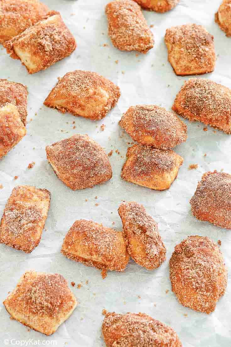 homemade cinnamon sugar pretzel bites on parchment paper