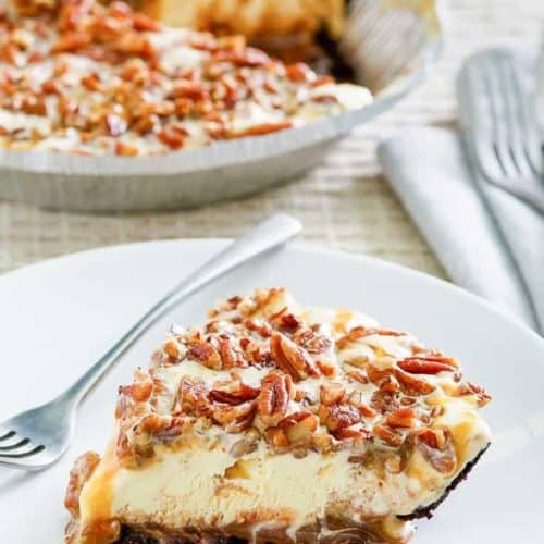 a slice of homemade Baskin Robbins turtle ice cream pie