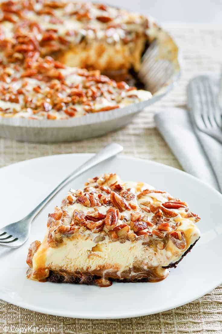 a slice of homemade Baskin Robbins turtle ice cream pie