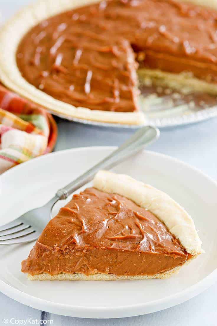 a slice of chocolate cream pie and a fork on a plate