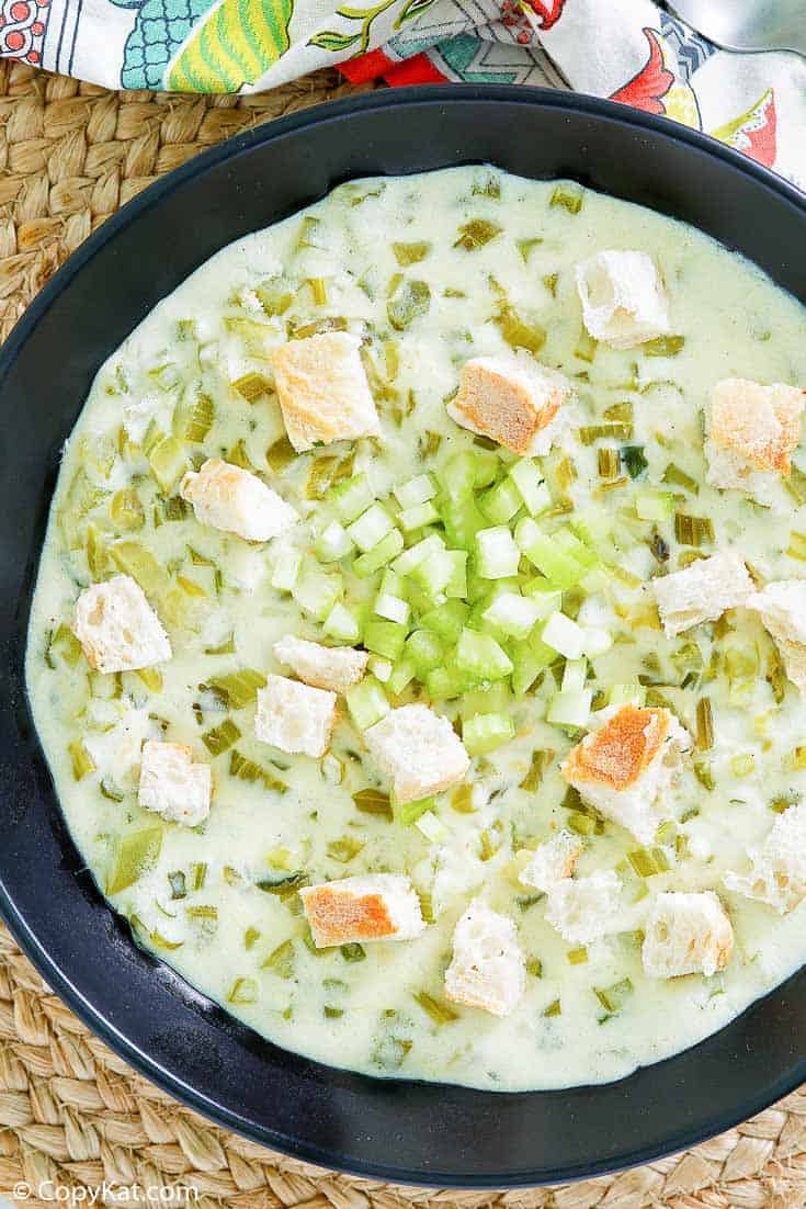 a bowl of chunky cream of celery soup