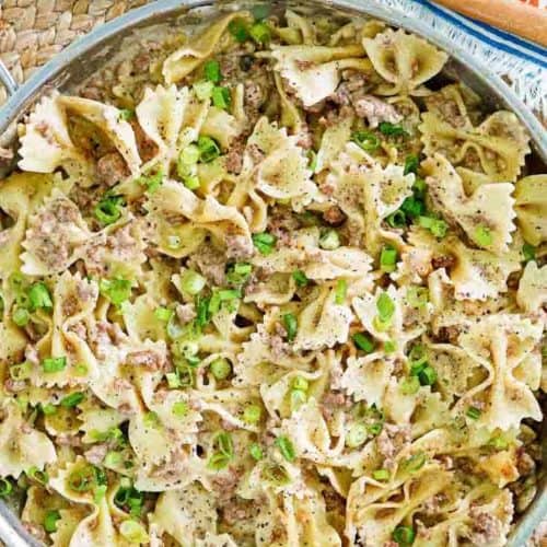 overhead view of homemade Hamburger Helper Beef Stroganoff in a skillet