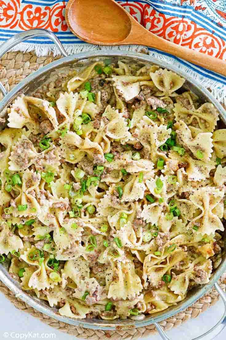 overhead view of homemade Hamburger Helper Beef Stroganoff in a skillet