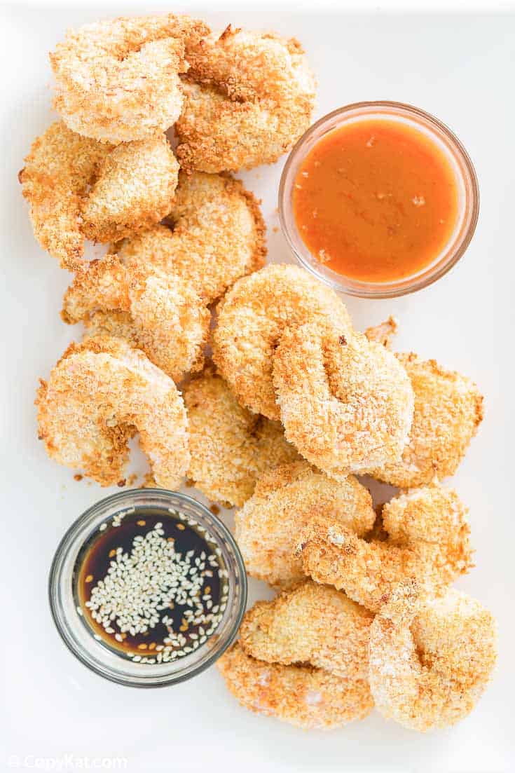 overhead view of air fryer shrimp tempura and dipping sauces