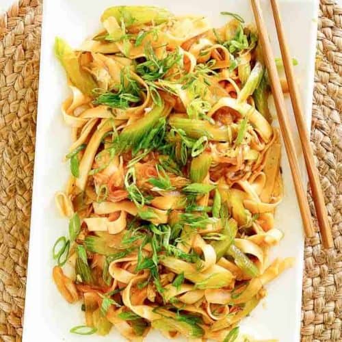 overhead view of homemade Panda Express chow mein on a platter