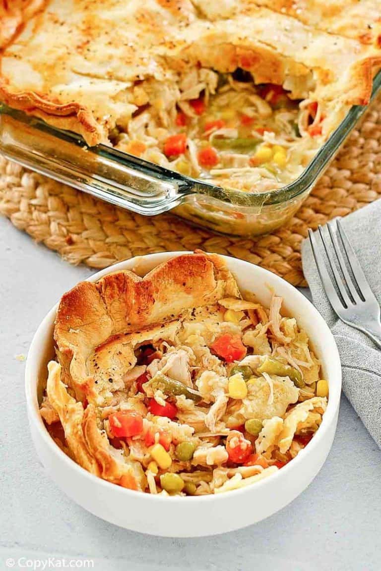 chicken pot pie in a bowl and baking dish