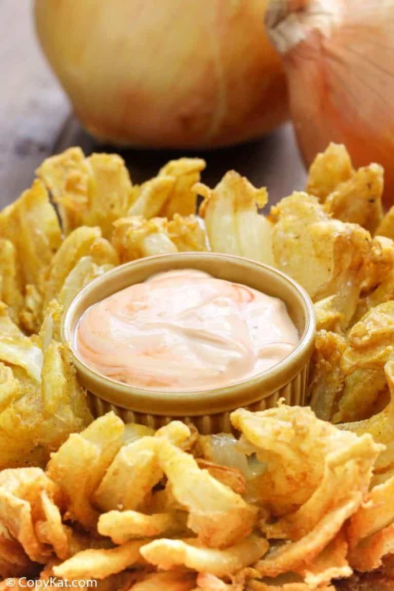 Homemade Chili's Awesome Blossom Dipping Sauce and a blooming onion