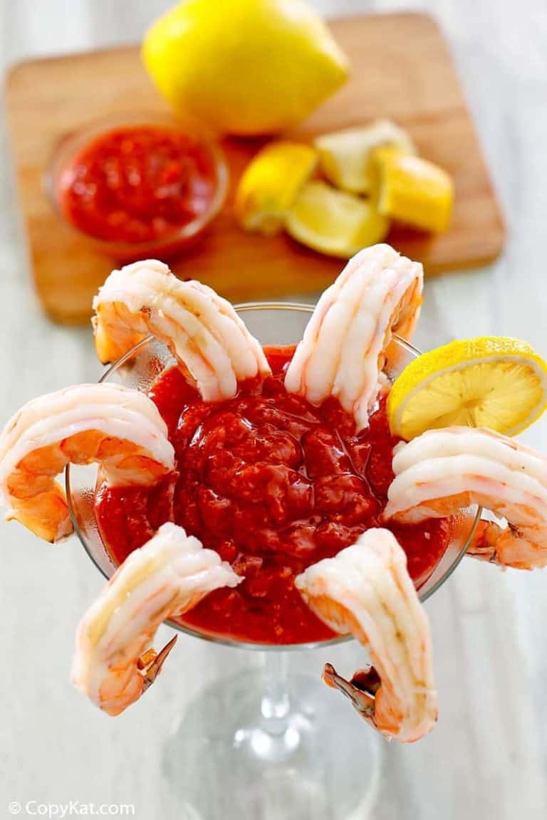 shrimp and homemade cocktail sauce in a martini glass