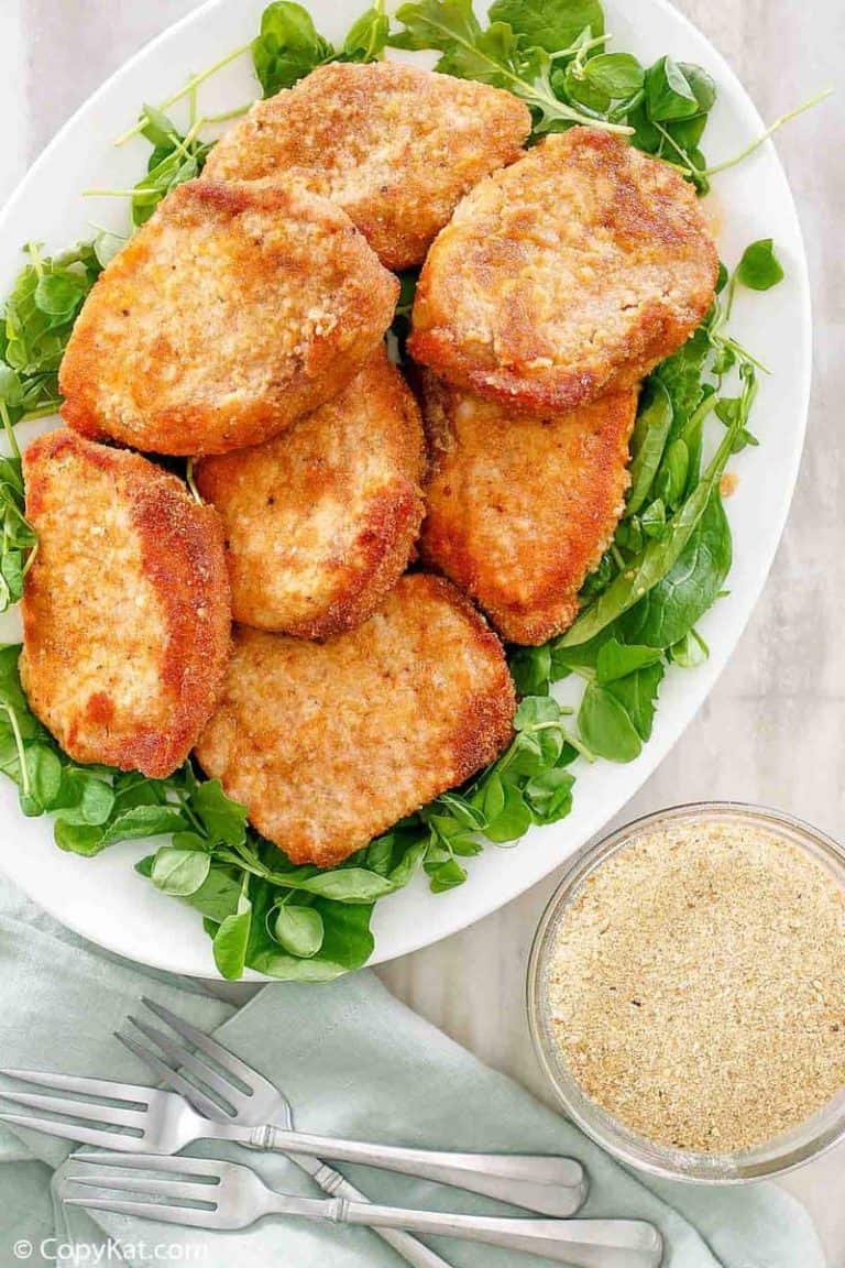 overhead view of homemade Shake and Bake pork chops and breading mix