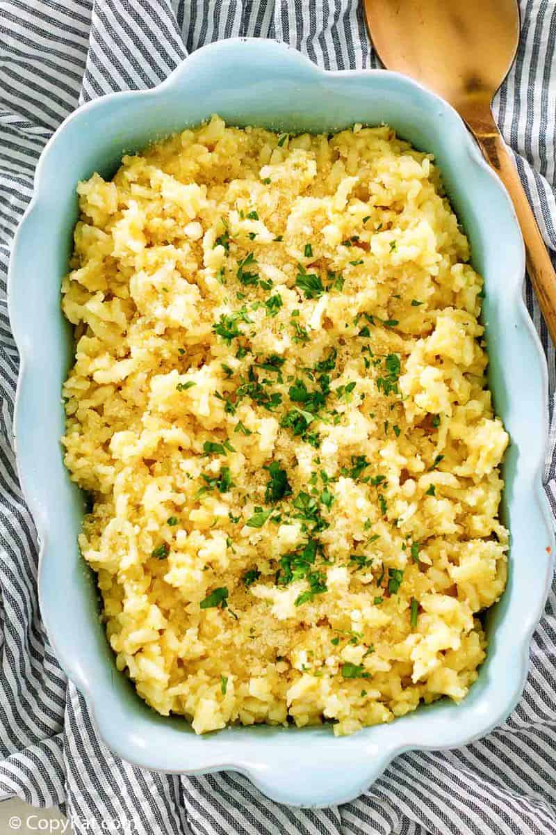 overhead view of Parmesan Risotto in a serving dish
