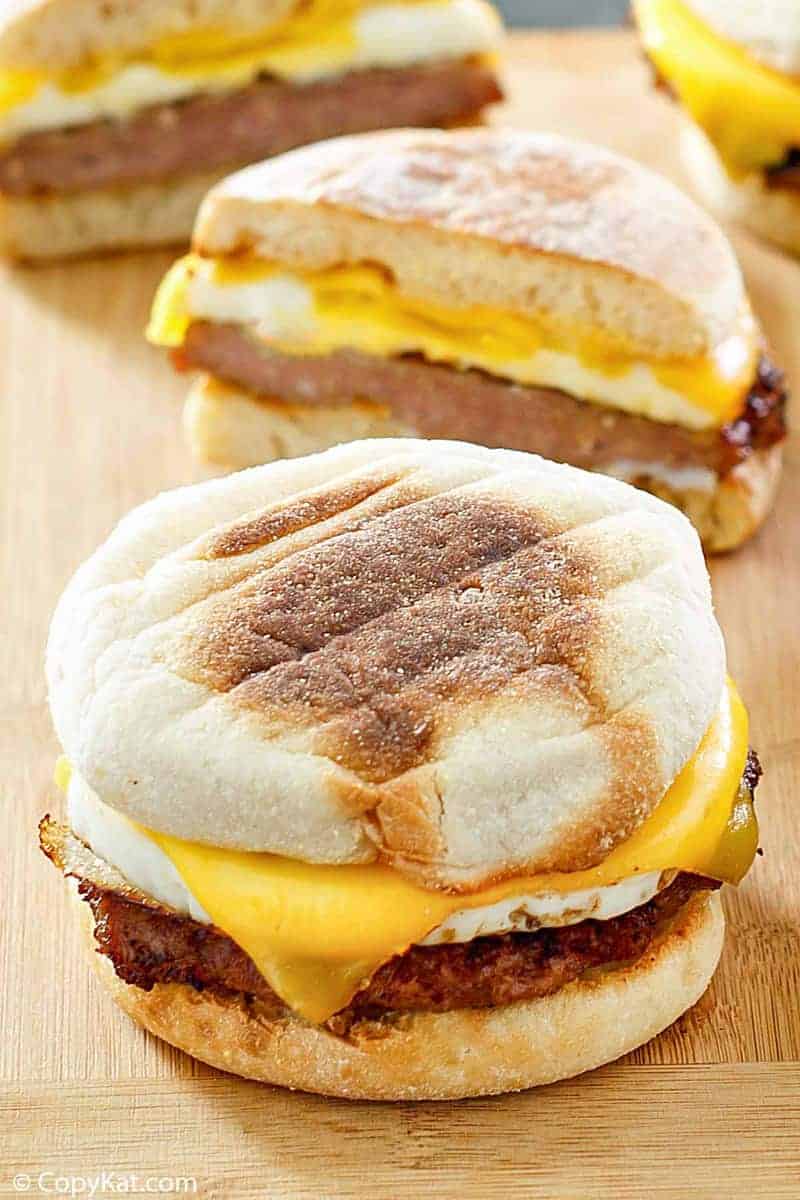 two homemade McDonald's Sausage Egg McMuffins