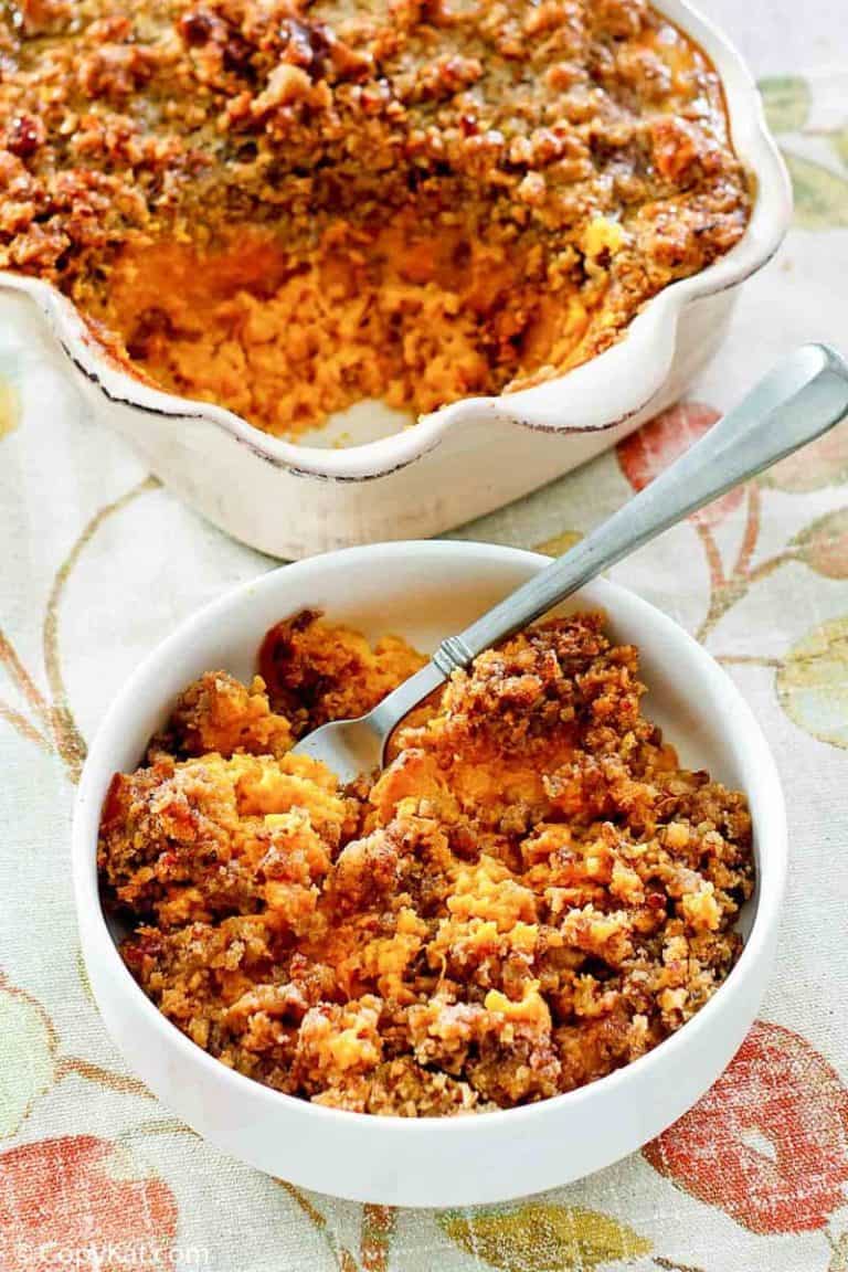 sweet potato casserole with brown sugar pecan topping in a bowl and baking dish