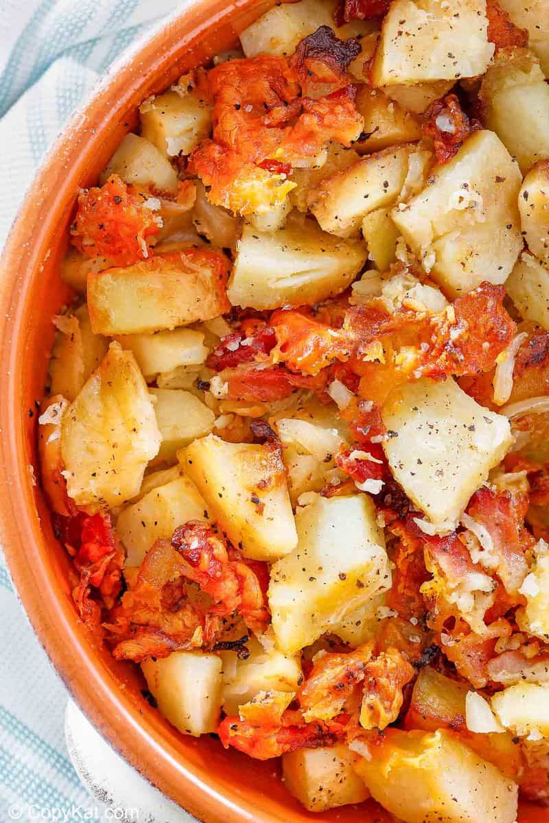 Overhead view of Crockpot Cheesy Potatoes in a bowl
