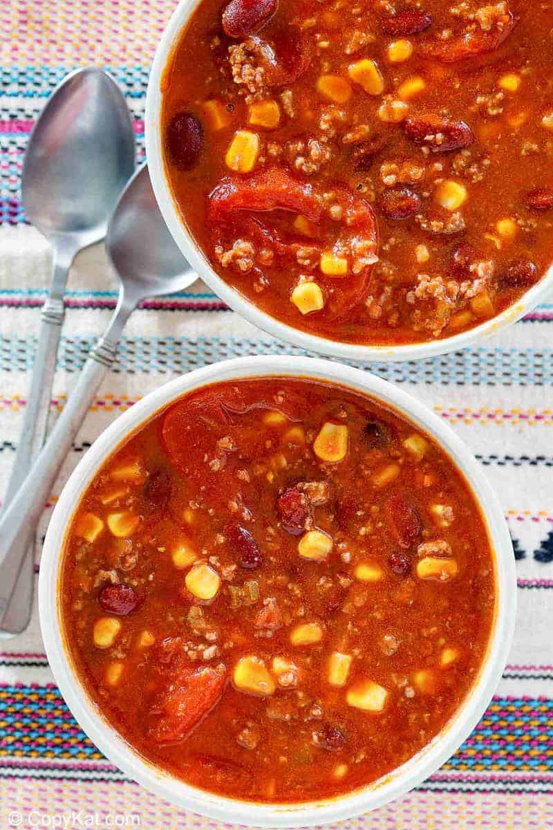 overhead view of two bowls of taco soup