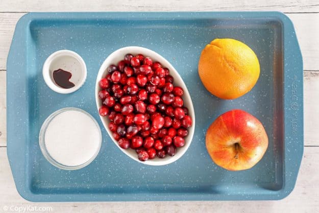 An overhead view of the ingredients for Luby's cranberry relish on a blue tray. Pictured are a bowl of fresh cranberries, a whole orange, an apple, and smaller dishes containing sugar and red food coloring.