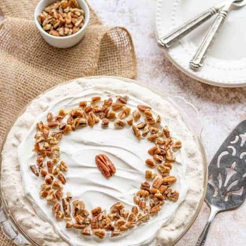 overhead view of a homemade Piccadilly pecan delight pie