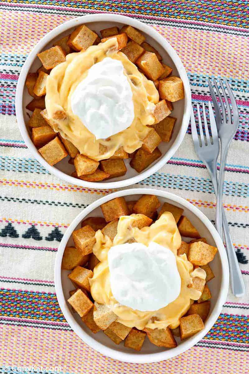 Overhead view of two bowls of homemade Taco Bell Cheesy Fiesta Potatoes