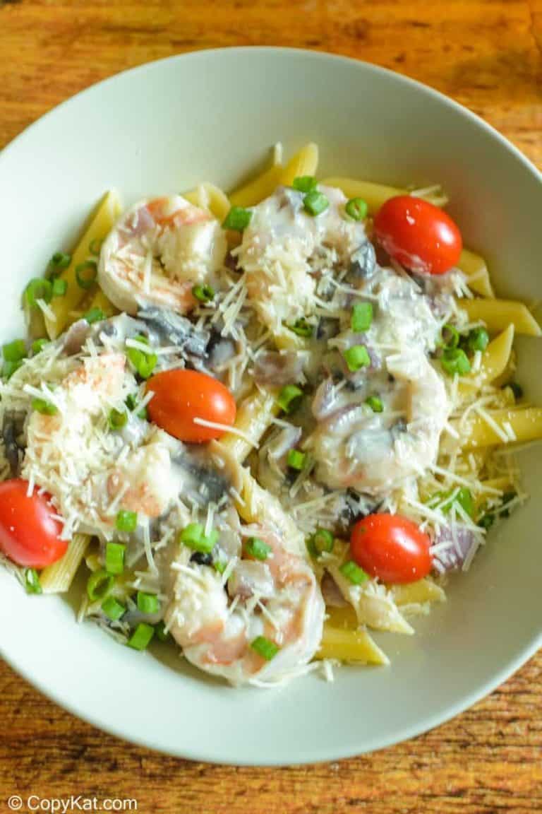 a bowl of homemade Bennigan's shrimp pasta