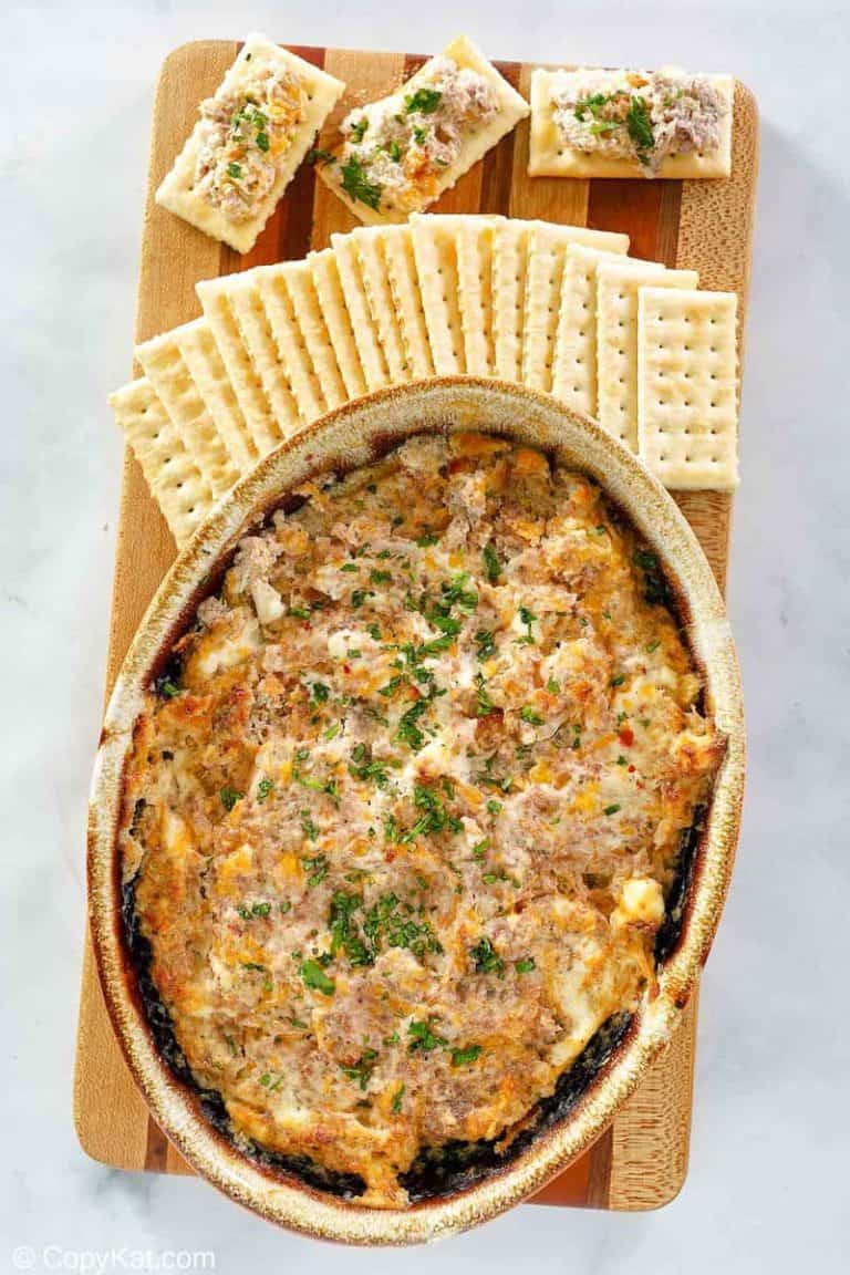 overhead view of hot boudin dip and crackers