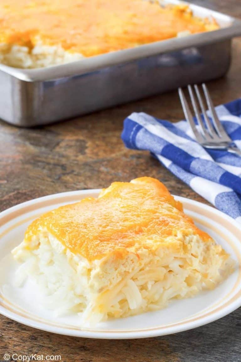homemade Cracker Barrel hashbrown casserole on a plate